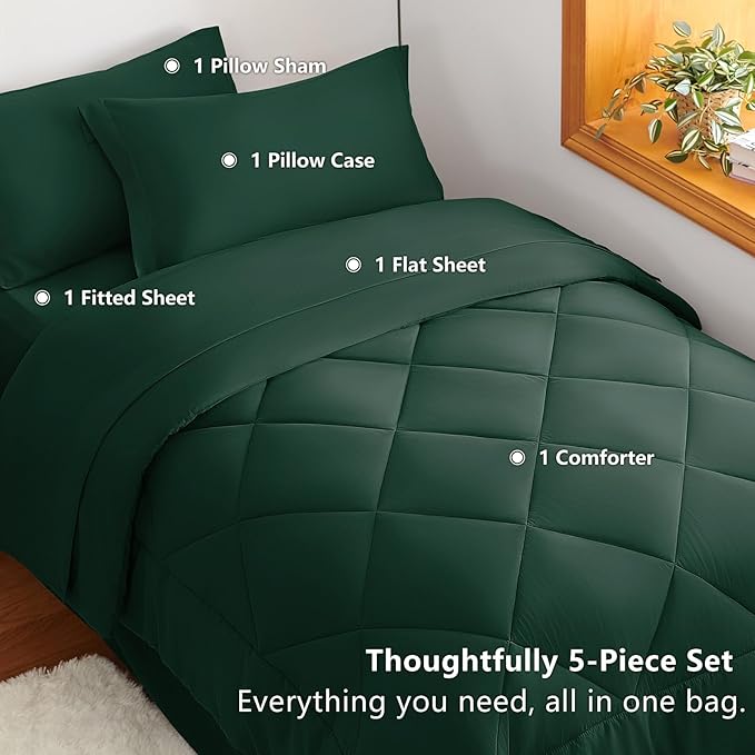 CozyLux Twin Comforter Set with Sheets Emerald Green - 5 Pieces Bed in a Bag Twin, All Season Bed Set for Girls and Boys, Bedding Set with Down Alternative Comforter, Sheets, Pillowcase & Sham