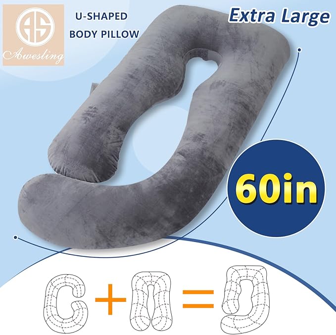 Shredded Memory Foam Body Pillow, Pregnancy Pillows for Sleeping, Maternity Pillow for Pregnant Women, Memory Foam Filling U Shaped Body Pillow with Velvet Cover (Velvet Gray, 60 inch)