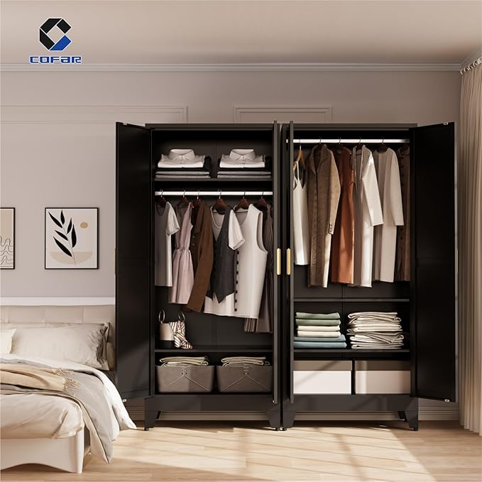 COFaR 71'' Metal Armoire Wardrobe Closet, Steel Wardrobe Cabinet with Adjustable Hanging Rod and Shelves, 2 Doors Farmhouse Closet Storage for Bedroom Garage Laundry, Black Roperos para Guardar Ropa