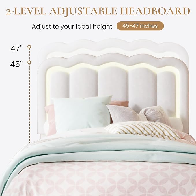 SHA CERLIN Upholstered Twin Size Bed Frame with LED Lights and Large Storage Drawer, Velvet Platform Bed with Adjustable Wavy Headboard, Noise Free, Easy Assembly, No Box Spring Needed, Soft White