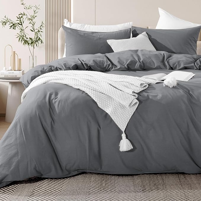 NEXHOME PRO Duvet Cover Set 100% Washed Cotton Full Size Linen Feel Textured Organic Natural 3 Pieces Bedding Set with Zipper Closure and Corner Ties, Breathable and Soft (Grey, No Comforter)