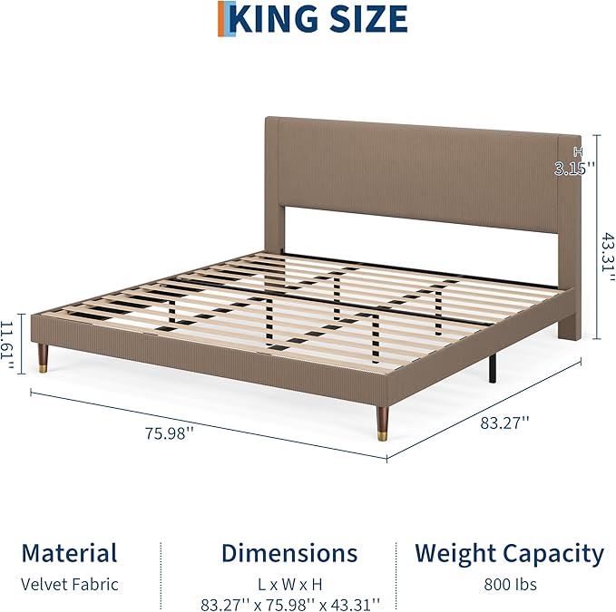 GarveeHome King Size Bed Frame with Upholstered Headboard and Strong Wooden Slats Support, Soft Corduroy Fabric Platform Bed, No Boxing Spring Needed, Easy Assembly, Brown