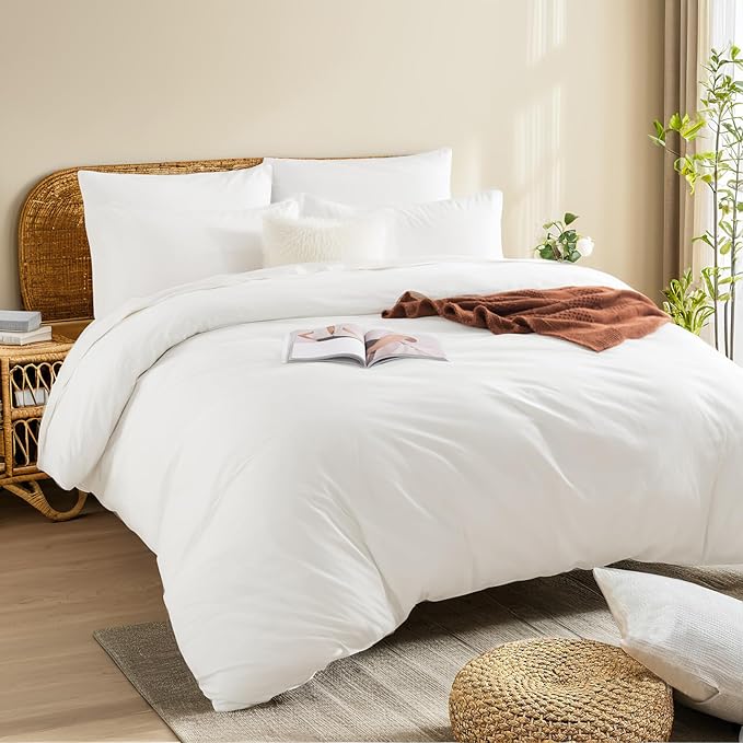 NEXHOME PRO Duvet Cover Set Oversized Queen 98"x98" Linen Look Textured White Organic Natural 100% Washed Cotton Duvet Cover 3 Pieces Bedding Set Zipper Closure, Breathable, Soft (No Comforter)