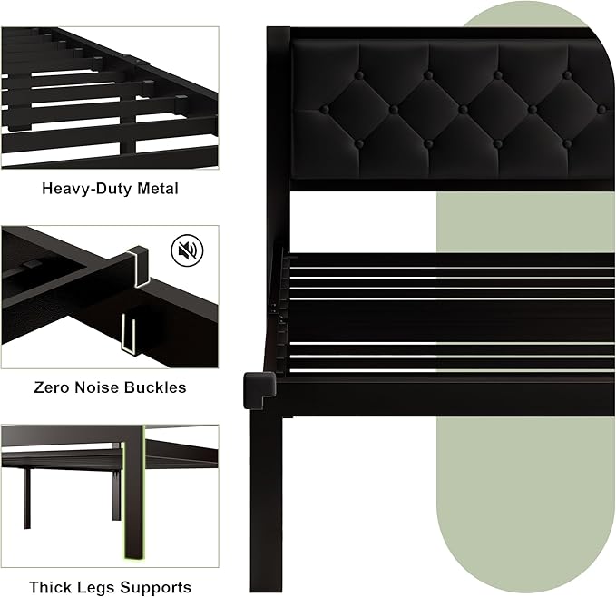 Feonase Twin Size Metal Bed Frame with Faux Leather Button Tufted Headboard, Heavy-Duty Platform Bed Frame with 12" Storage, Steel Slats Support, No Box Spring Needed, Noise Free, Matte Black