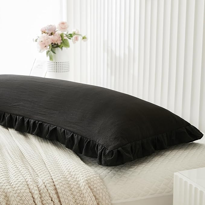 Black Body Pillow Cover 20x54inches Long Pillowcase Ruffled Pillowcases Shabby Chic Ruffled Fringe Decor Body Ruffled Pillow Sham Cute Pillowcase (1 Body, Black)