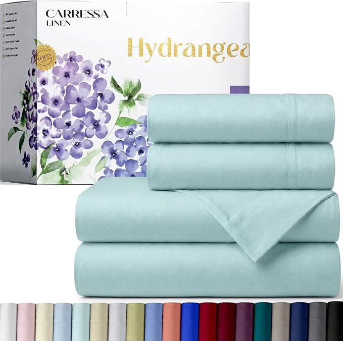 Carressa Linen 100% Egyptian Cotton King Size Sheets Set - 600 Series Hydrangeas Collection Egyptian Cotton Sheets King Size (4 PC, Sea Foam), 16" Deep Pocket Sateen Weave Luxury Bed Sheet