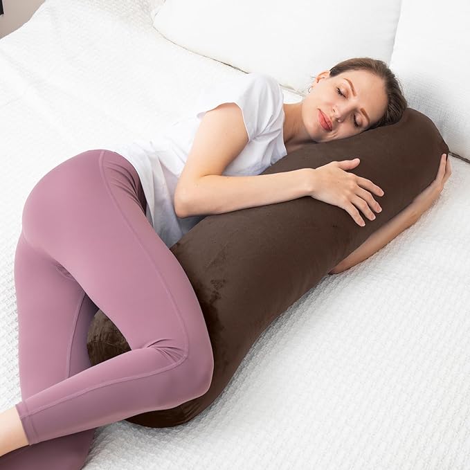 1 MIDDLE ONE Round Body Pillow for Adults, Long Bolster Pillow for Bed with Removable Velvet Cover, Decorative Tube Roll Cylinder Pillow, 35 x 7.87 Inch, Coffee
