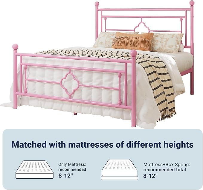 Allewie Queen Size Metal Platform Bed Frame with Victorian Vintage Headboard and Footboard/Mattress Foundation/Under Bed Storage/No Box Spring Needed/Noise-Free/Easy Assembly, Pink