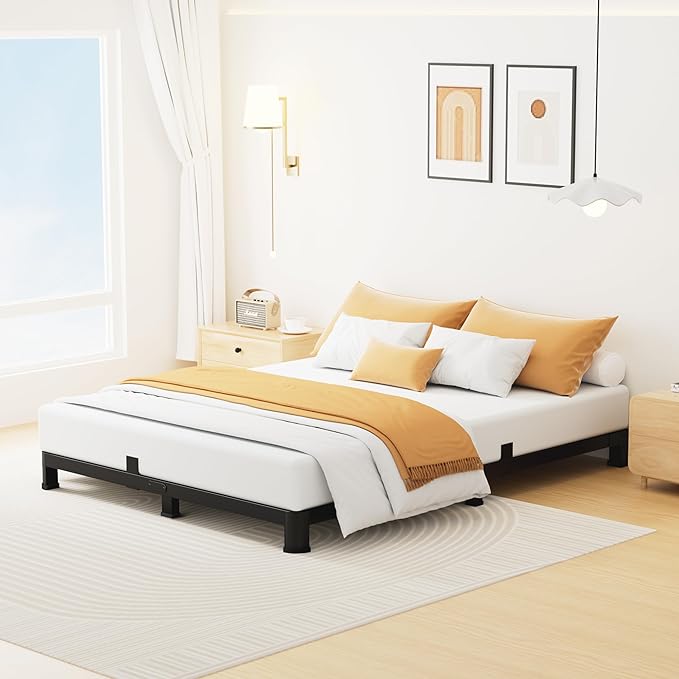Superay 4 Inch Full Bed Frame Low Profile, Heavy Duty Metal Platform Bed Frame with Round Corner Legs, Sturdy Mattress Foundation, No Box Spring Needed, Easy Assembly, Noise Free, Black
