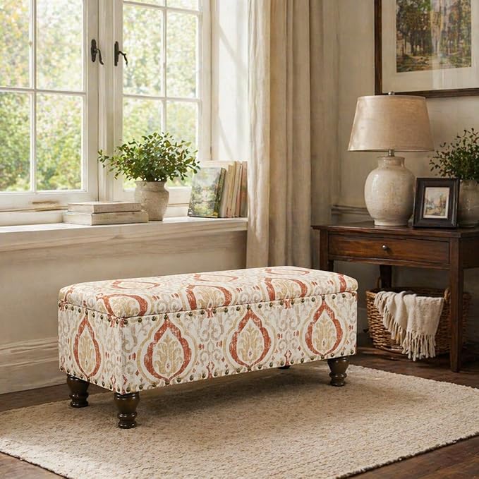 HomePop Large Storage Bench with Nailhead Trim -Orange and Cream Medallion