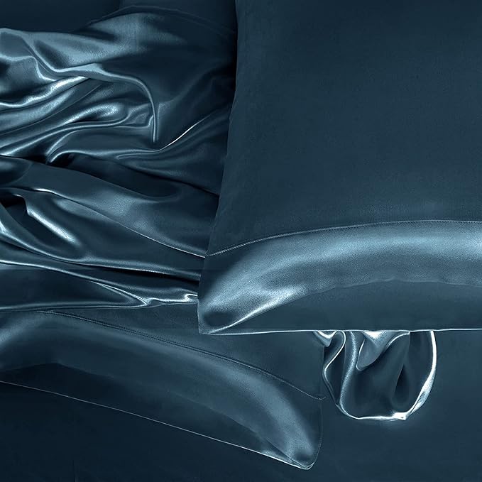Homiest 4pcs Extra Deep Pocket Satin Sheets Full Size Bed Set, 18-24 Inch Deep Pocket Bed Sheets Deep Sea Blue Satin Sheet Set, Silky Satin Bedding Set Soft Fitted Sheet Set Fits Ultra Deep Mattress