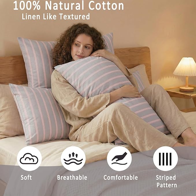 Merryword Standard Size Pillowcases, 100% Cotton Pillow Cases, Gray and Pink Striped Pillowcases, Soft Breathable Wide Stripes Pillow Covers, Set of 2