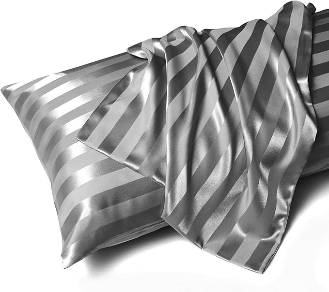 MR&HM Satin Body Pillow Cover, Soft and Breathable Body Pillow Case with Envelope Closure, Cooling and Silky Long Pillowcase for Hair and Skin,Grey (20x54, Dark Grey Striped)