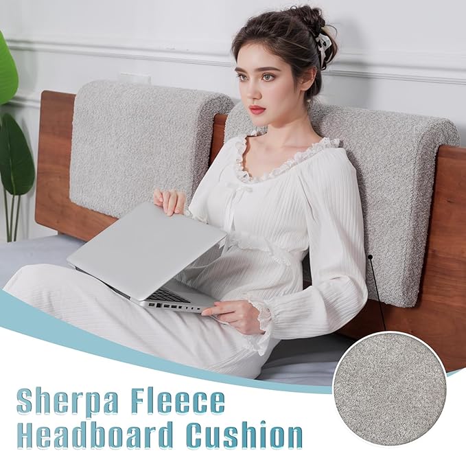 2PCS Hanging Headboard Pillow with Ergonomic Support, Removable Berber Fleece Cover, Comfortable Back Cushion for Reading, and Relaxing in Bedroom or Dorm (Grey)