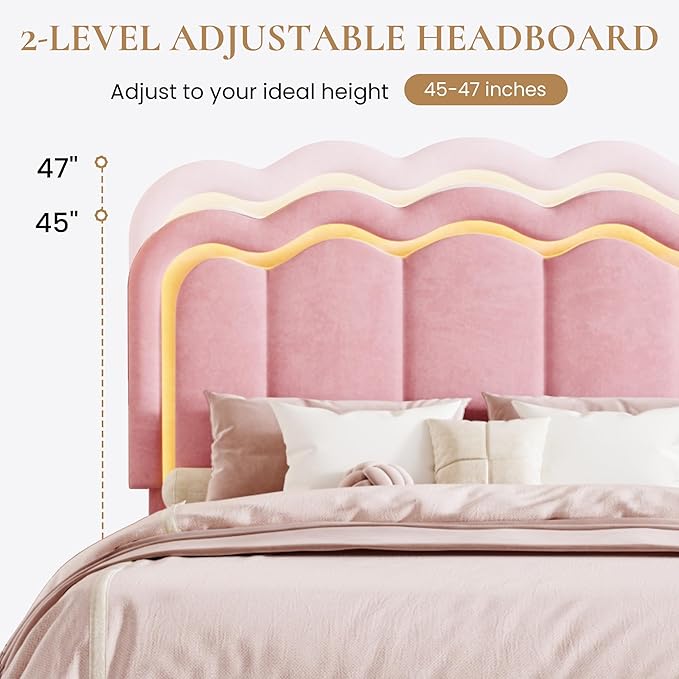SHA CERLIN Upholstered Queen Size Bed Frame with LED Lights and Large Storage Drawer, Velvet Platform Bed with Adjustable Wavy Headboard, Noise Free, Easy Assembly, No Box Spring Needed, Soft Pink