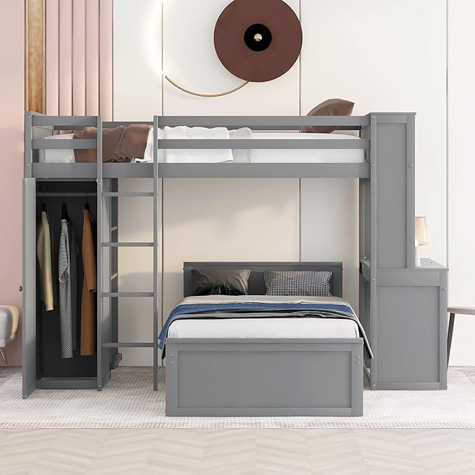 JULYFOX Twin Loft Bunk Bed with Wardrobe, Wood Bunk Bed Twin Over Twin with Tilt Ladder Study Desk Shelves 2 Bed Frames Space Saving No Box Spring Needed(Twin Over Twin,Gray)