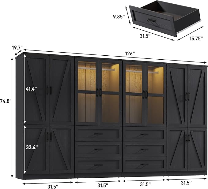 Hlivelood 75" Tall Farmhouse 8 Doors Armoire Wardrobe Closet with 6 Drawers and LED,Freestanding Closet Wardrobe Cabinet for Bedroom with Hanging Rod,Wooden Armoire Storage Cabinet(Black 8 Doors)
