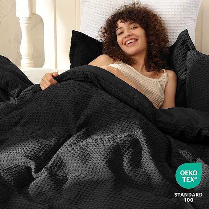 PHF Waffle Weave Duvet Cover Set Twin/Twin XL Size, No Snagging Ultra Soft Luxury Textured Breathable Comforter Cover for All Season 2pcs, Durable Bedding Duvet Set with 1 Pillow Sham, 68"x90", Black
