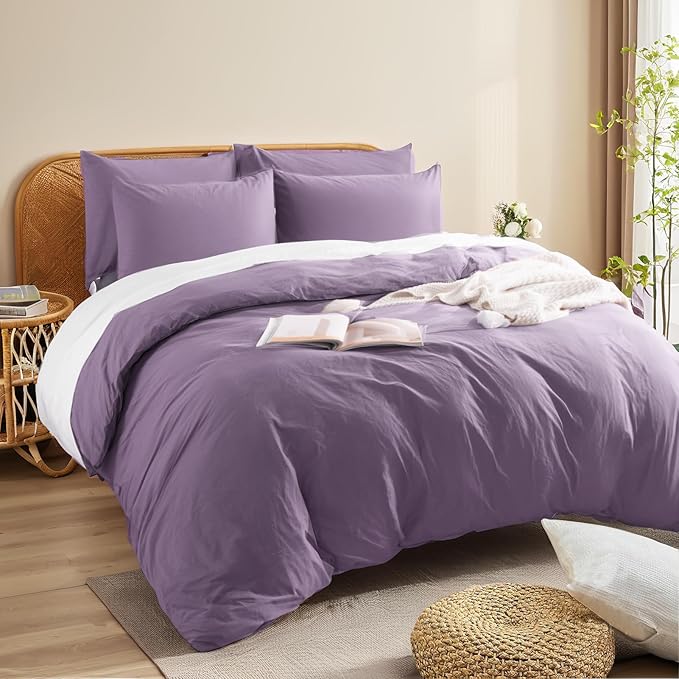 NEXHOME PRO Twin Duvet Cover Set, 100% Washed Cotton with Linen-Like Texture, Natural Organic, Breathable & Comfortable, Includes Home Bedding Set Dusty Purple (No Comforter) 6890