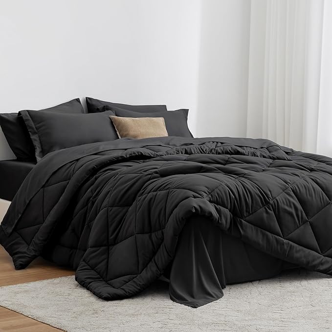Love's cabin Queen Comforter Set Black, 7 Pieces Queen Bed in a Bag, All Season Bedding Sets with 1 Comforter, 1 Flat Sheet, 1 Fitted Sheet, 2 Pillowcase and 2 Pillow Sham | Soft, Breathable, Lightweight, Comfortable