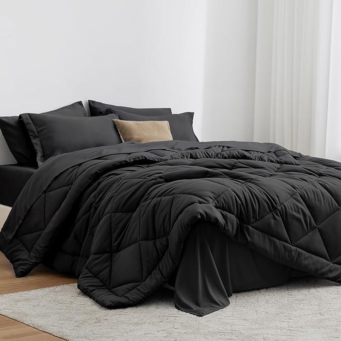 Love's cabin Twin Comforter Set Black, 5 Pieces Twin Bed in a Bag, All Season Bedding Sets with 1 Comforter, 1 Flat Sheet, 1 Fitted Sheet, 1 Pillowcase and 1 Pillow Sham | Soft, Breathable, Lightweight, Comfortable