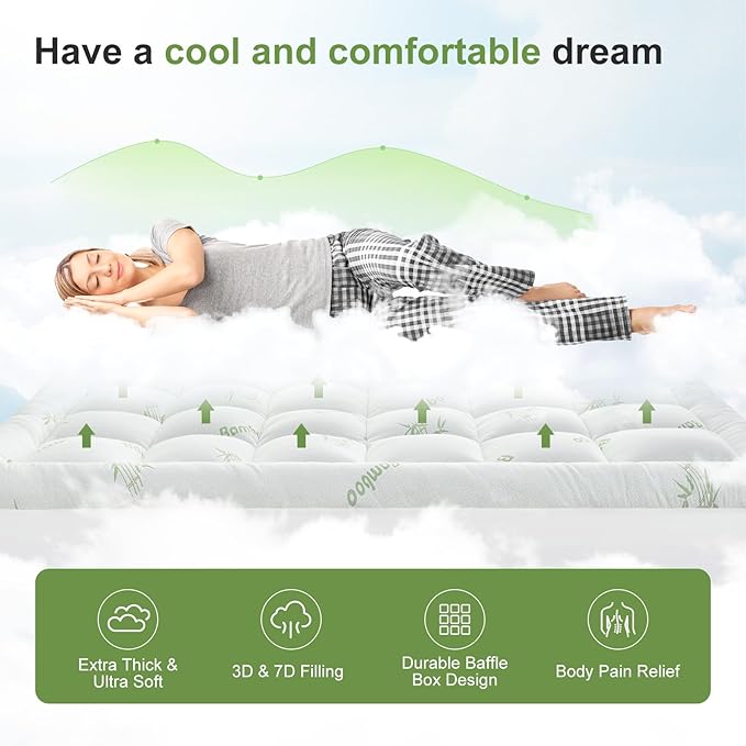 Full Size Mattress Topper Viscose Derived from Bamboo, Soft Thick Pillow Top Mattress Pad Cover for Back Pain, Cooling Mattress Protector with 8-21 Inch Deep Pocket, White