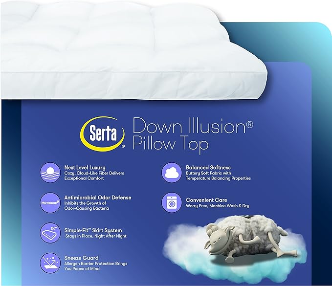 SERTA Down Illusion Soft Hypoallergenic 2 inch Pillowtop Simple Fit Mattress Topper, Twin, White