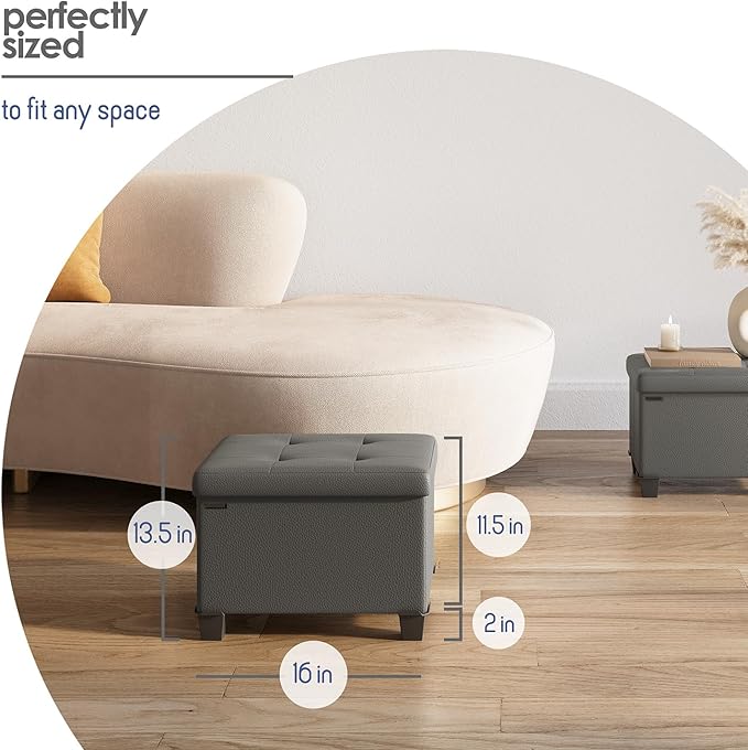 Storage Ottoman Cube with Small Bin, 16-in Square Ottoman with Storage for Living Room and Bedroom, Small Ottomans Foot Rest, Leather Foot Stools Ottomans Max 330lbs, Grey