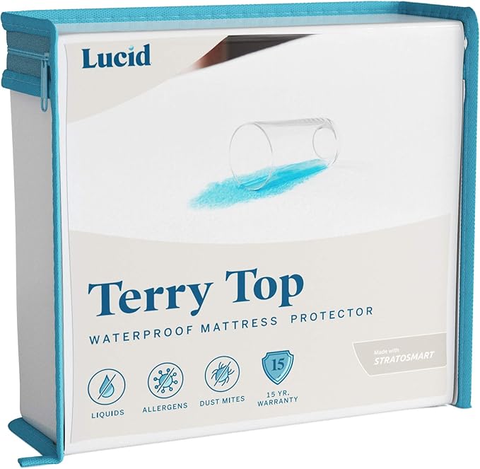 LUCID Premium Waterproof Mattress Protector, Queen Size – Fitted Sheet Style, Machine Washable – Cotton Terry Top Cover – Dorm Room Essential – White