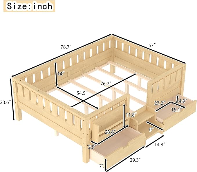 Bellemave Full Size Bed Frame with Storage Drawers & Bookshelf, Low Profile Kids Bed with Staircase & Full Length Guardrails, Solid Wood Full Size Bed Frame Kids with Slats Load 450 LBS, Natural