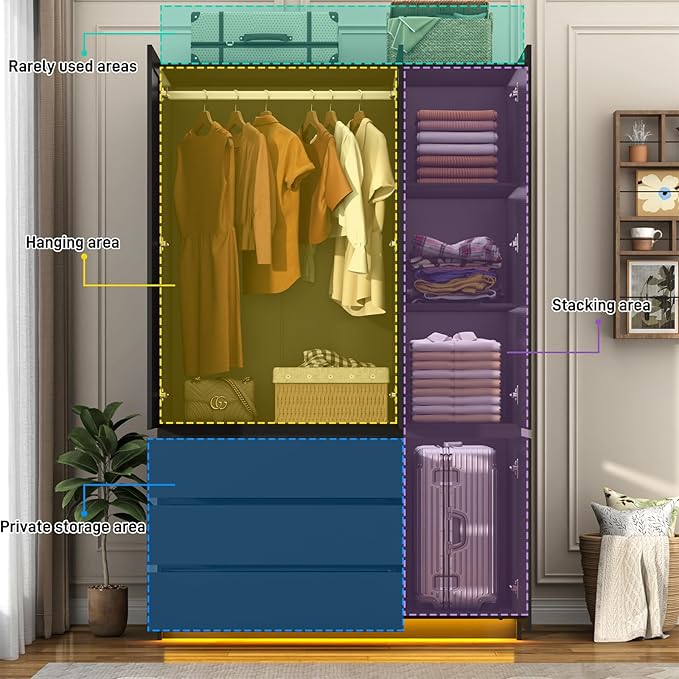 3 Doors Armoire Wooden Wardrobe Closet with 3 Drawers & 2 Mirror, 75"H Clothing Storage Cabinet with Hanging Rod,Modern Bedroom Large Freestanding Armoires with Led Lights for Bedroom,Black