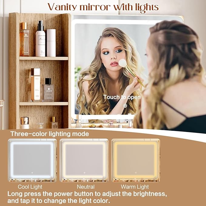 Large Vanity Desk with 3 Color Touch Screen Dimming Mirror, Vanity Desk with Charging Station, Modern Retractable Makeup Dressing Table, Makeup Table With storage shelves and 5 Sliding Drawers, Oak