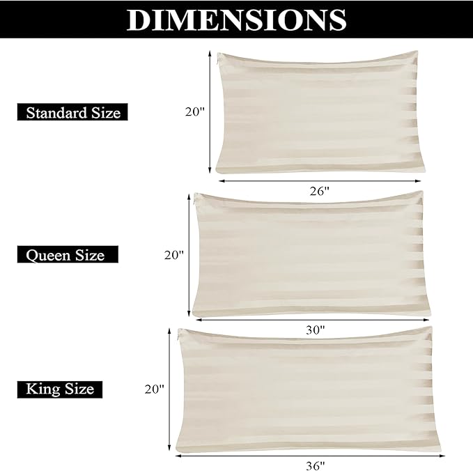 100% Egyptian Cotton Pillow Protectors Set of 2, 600 Thread Count Queen Size Bed Pillow Cases with Zipper, Sateen Weave Cooling Pillow Cover Quiet and Breathable Easy Care (2PCS, Stripe-Beige)