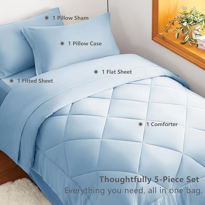 CozyLux Twin XL Comforter Set Baby Blue - 5 Pieces Twin Extra Long Bed in a Bag for College Dorm, All Season Bedding Set for Girls and Boys, Soft Bed Set with Comforter, Sheets, Pillowcase & Sham
