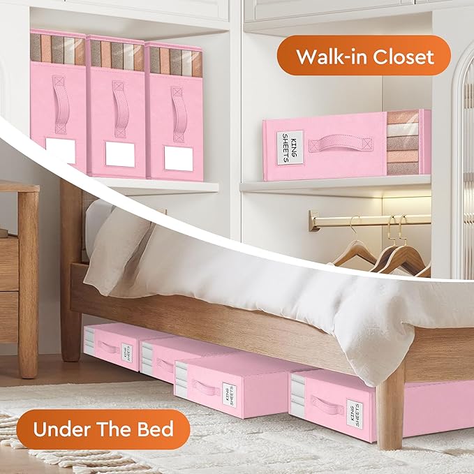 StorageTastic 4 Pack Bed Sheet Closet Organizers and Storage,Sturdy Foldable Storage Containers with Window and Label,Storage and Organization for Bedding Sheets,Duvet Covers,Blankets (Pink)