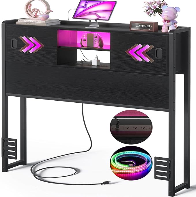 Homieasy Twin Storage Headboard with Sliding Doors, Bookcase Head Board with Charging Station & Smart LED Light, Headboard Only for Twin Bed, Wood Headboards with Bookshelf
