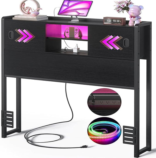 Homieasy Twin Storage Headboard with Sliding Doors, Bookcase Head Board with Charging Station & Smart LED Light, Headboard Only for Twin Bed, Wood Headboards with Bookshelf