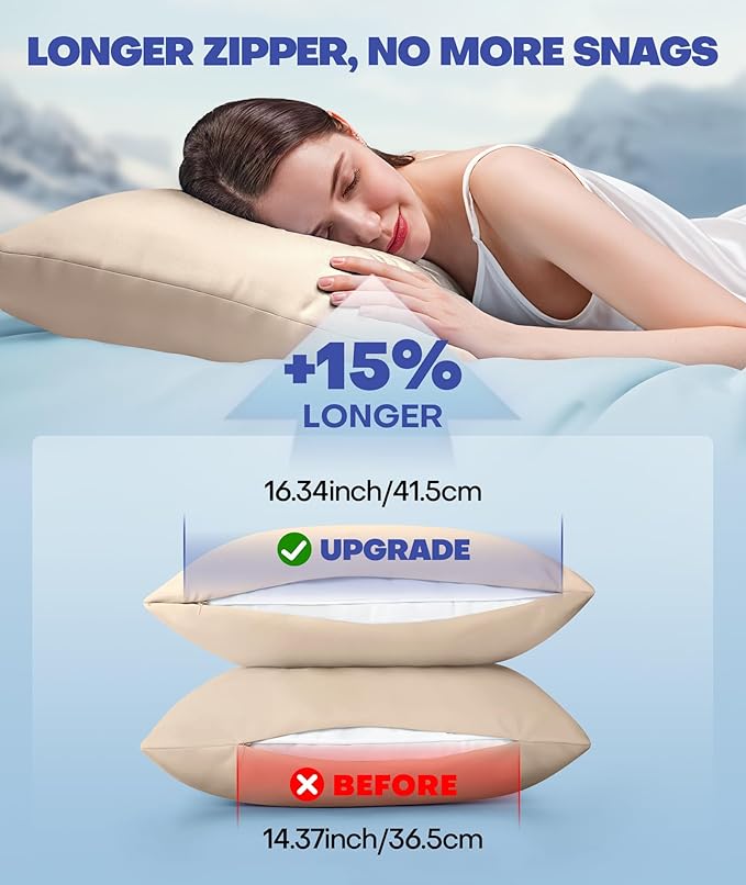 Ice Cooling Pillowcase for Hot Sleepers, Instantly Cool, Stays Cold All Night, Softer Than Silk Pillow Cases, Pillow Covers with Invisible Zipper, Gift for Men & Women - Queen Size, Beige (1 Pack)