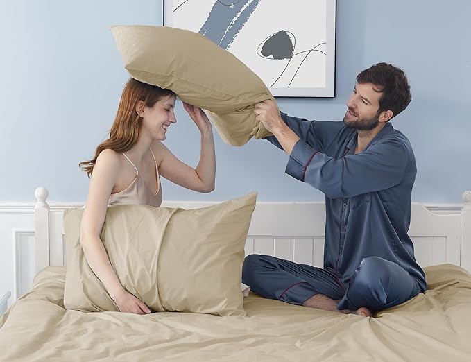 Pillow Cases, Standard Queen Size Cotton Percale Weave Pillowcases, Pre-Shrunk Breathable and Hypoallergenic Pillowcases, Set of 2 (2 Piece Standard/Queen 20 Inch x 30 Inch, Light Brown)