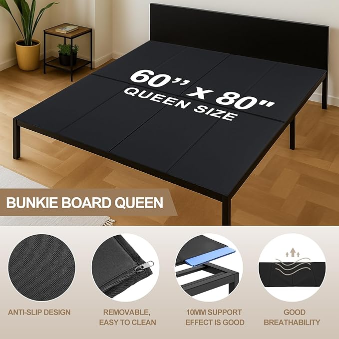 10mm Bunkie Board Queen Size 60 x 80'' Heavy Duty bunkie board queen Moisture Resistant Sleeper Sofa Support Under Mattress for Metal Frame Low Profile Bed Support, Platform Bed and Couch(Black)