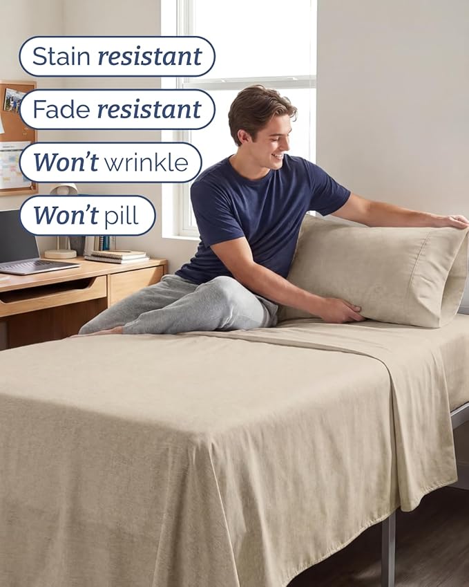 Twin XL 4 Piece Sheet Set - Comfy, Breathable & Cooling - Soft Hotel Luxury Bedding for Women, Men, Kids, Teens & Children - 1 Flat & 1 Fitted Sheet & 2 Pillowcases w/ Deep Pockets - Heathered Beige