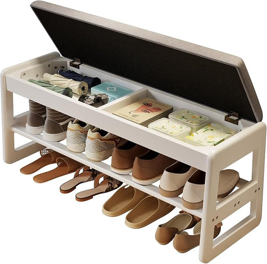AQIMUELE Shoe Rack Bench,2 Tiers Shoe Bench with Storage with Flip-Top,Wood Shoe Rack for Entryway,Hallway（White Upholstered Seat,11.8" D x 39.3" W x 15.7" H）