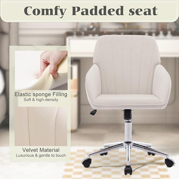 Velvet Vanity Chair with Wheels, Height Adjustable Swivel Makeup Chair, Armless Small Desk Chair for Bedroom/Office/Vanity Table, 250 lbs Capacity (Velvet, White-3)
