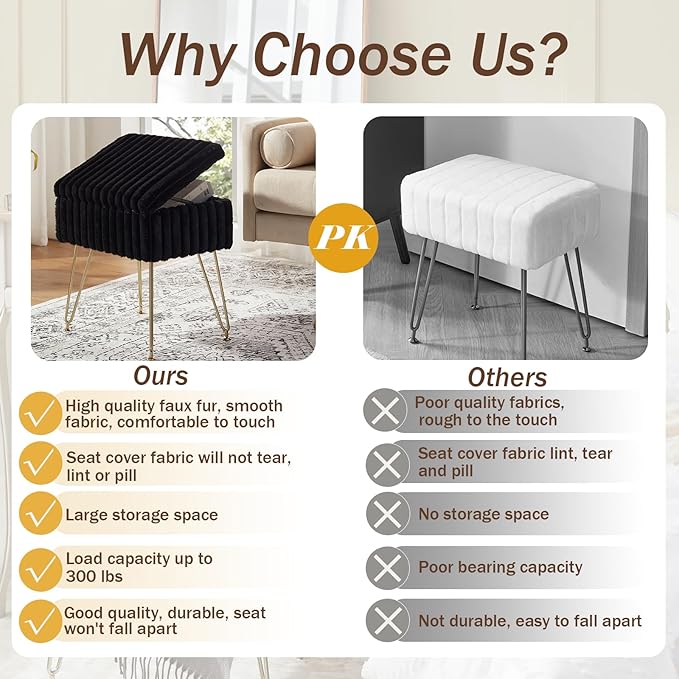 EBENCHICO Vanity Stool Chair with Storage, Faux Fur Stools for Vanity Makeup, Foot Stool Ottoman with 4 Metal Legs, Small Vanity Bench Seat Chairs for Living Room Bedroom