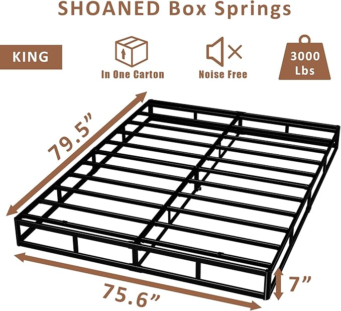 SHOANED 7 Inch King Box Spring - Metal Frame Mattress Foundation Memory Foam Basics Bed Base Heavy Duty Box Springs No Noise, 3000lbs Max Weight Capacity