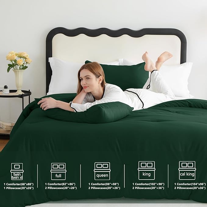 CozyLux Twin Comforter Set Emerald Green, 2 Pieces Twin Extra Long Solid Breathable Bedding Sets College Dorm, Twin XL Luxury Soft Bed Set with Down Alternative Comforter and 1 Pillowcase All Seasons
