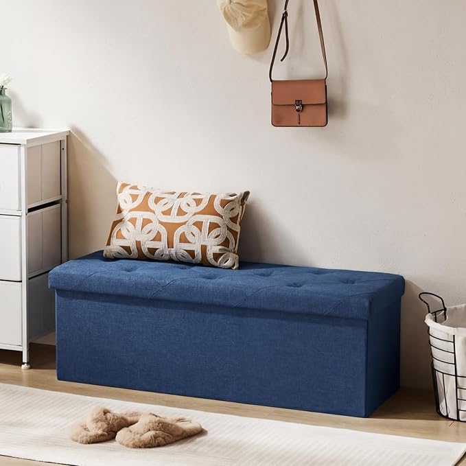 DUMOS Foldable Storage Ottoman Bench 43in, Storage Chest, Large End of Bed Foot Rest Stool with Padded Seat, Bedroom Bench for Living Room, Support 660lbs, Blue