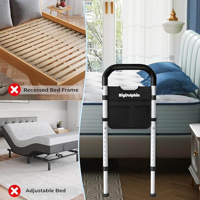 Bed Rails for Elderly Adults Safety - ASTM Approved Adjustable Bed Cane Supports 350LBS with Non-Slip Grip & Storage Pocket, Stable Bed Assist Rails for Seniors, Tool-Free