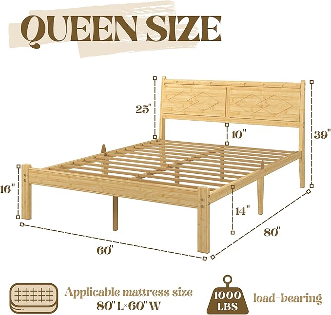 Askeld 14 inch Bamboo Queen Bed Frame with Headboard, Light Cottagecore Solid Wood Platform Bed with Heavy Duty Metal Slats, No Box Spring Needed, Easy Assembly, Noise Free