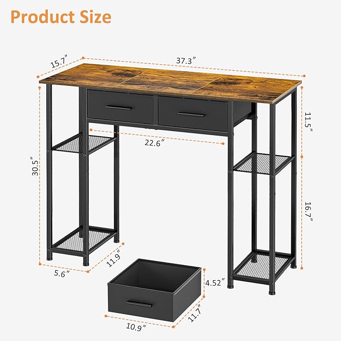 DAOUTIME Computer Desk with Drawers, 37.3 Inch Home Office Work Desk with Storage Shelf, Kids Teens Study Table for Small Space, Small Writing PC Table for Bedroom Makeup Vanity Desk, Brown
